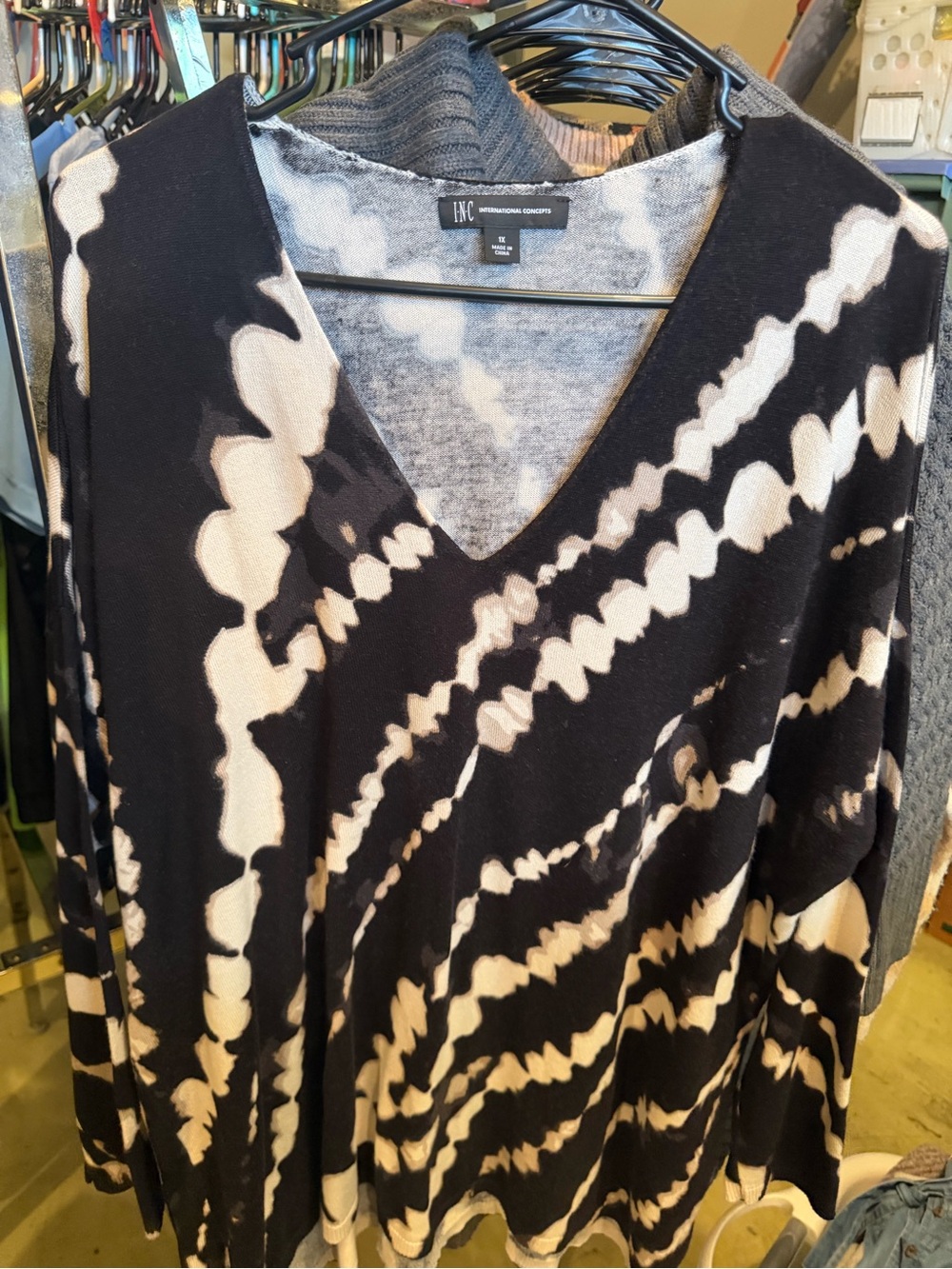 INC International Concepts Black and Cream Tie-Dye V-Neck Sweater